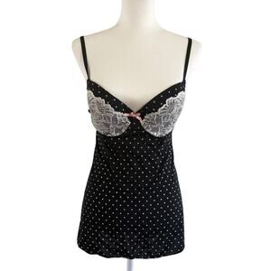 Vintage Black & White Polka Dot Lace Trim Camisole Top Lingerie Size Large